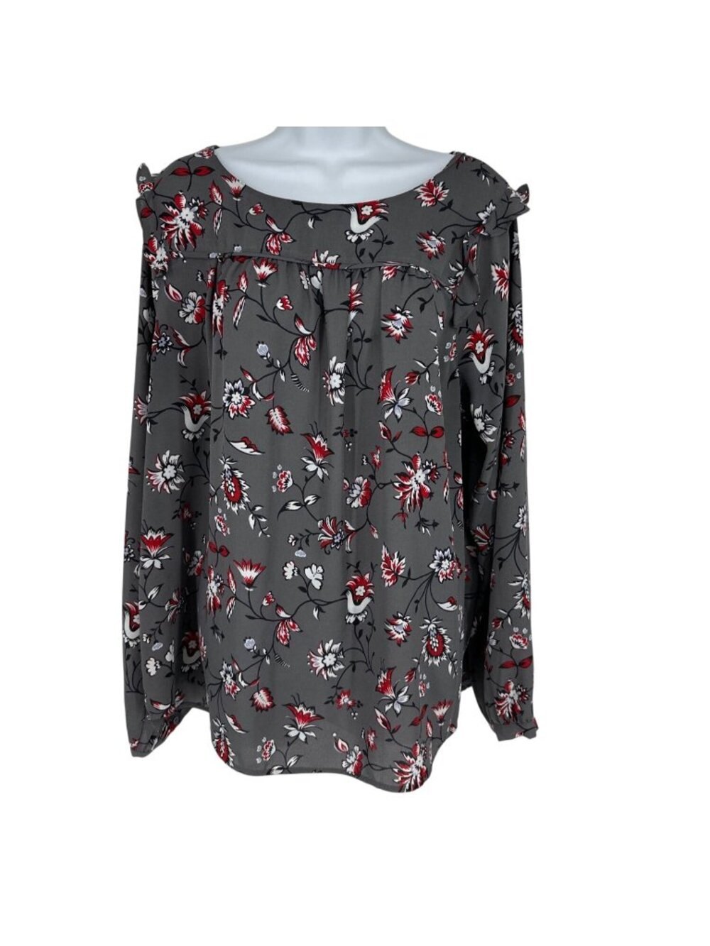 Loft Floral Gray Round Neck Long-Sleeve Blouse Size XL